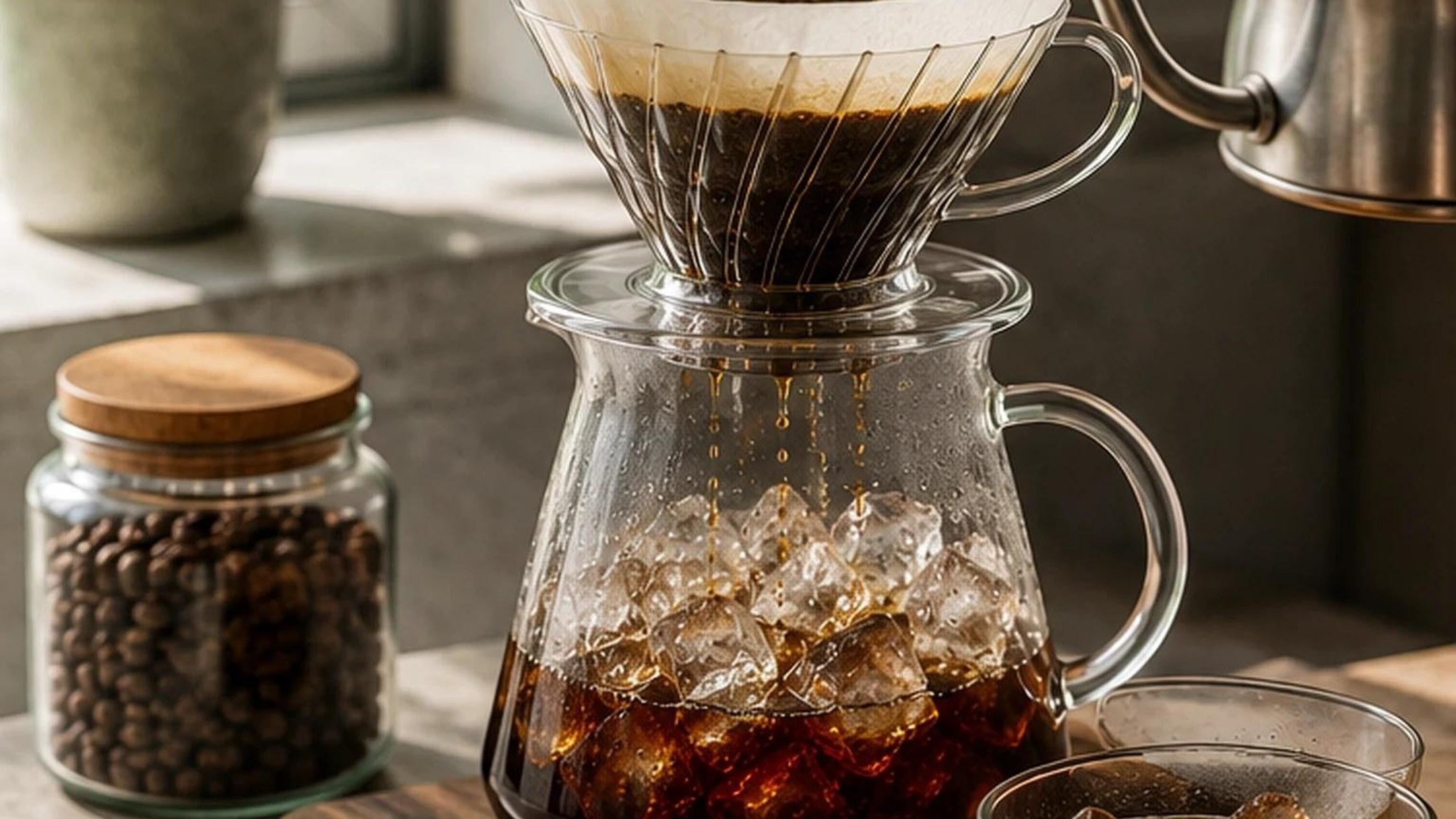 A pour-over coffee being brewed in a dark café